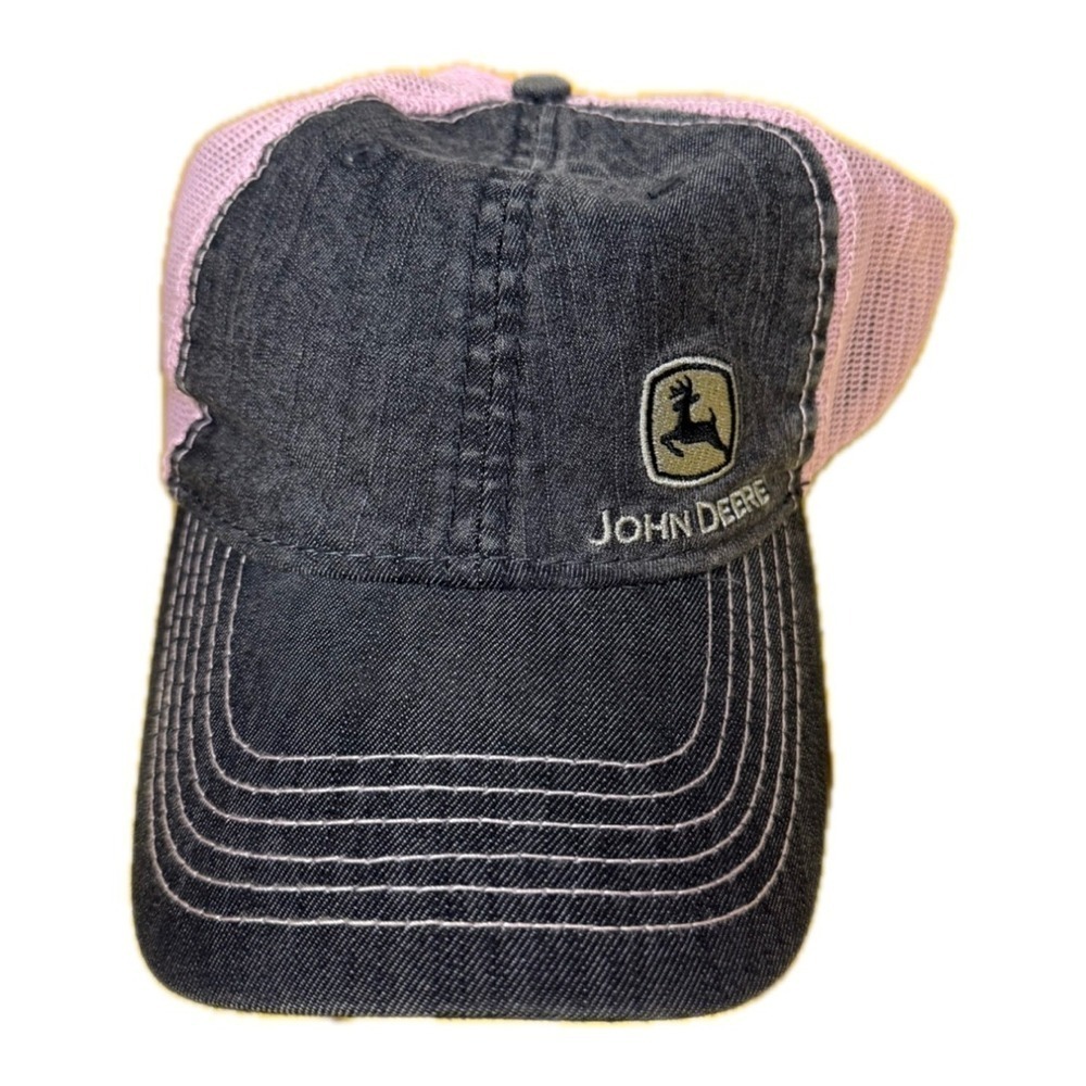 John Deere Pink/Gray Adjustable Baseball Cap EUC Dark Wash Denim Front Trucker